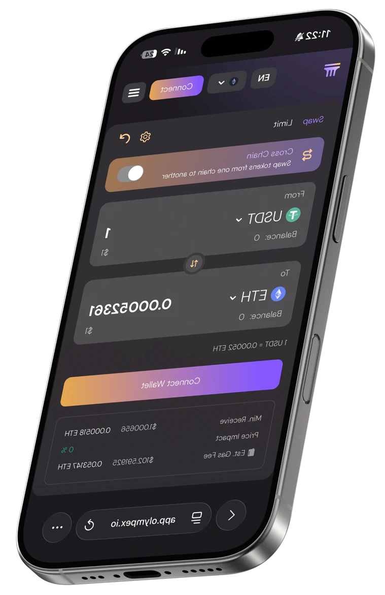 Olympex app on a purple iPhone showing a cross-chain USDT to ETH swap at app.olympex.io